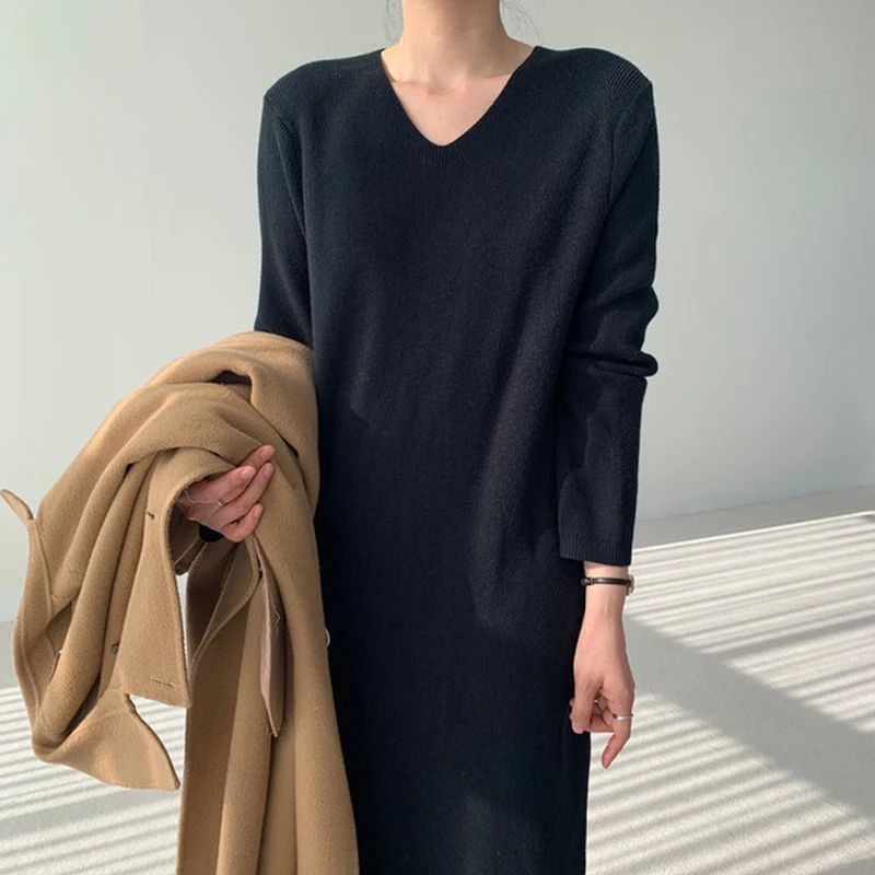 Black Cashmere Dress Women Oversized Autumn Winter Long Sleeve Elegant Coffee Knitted Vestido Ladies 2023 Warm Soft Jumper Woman