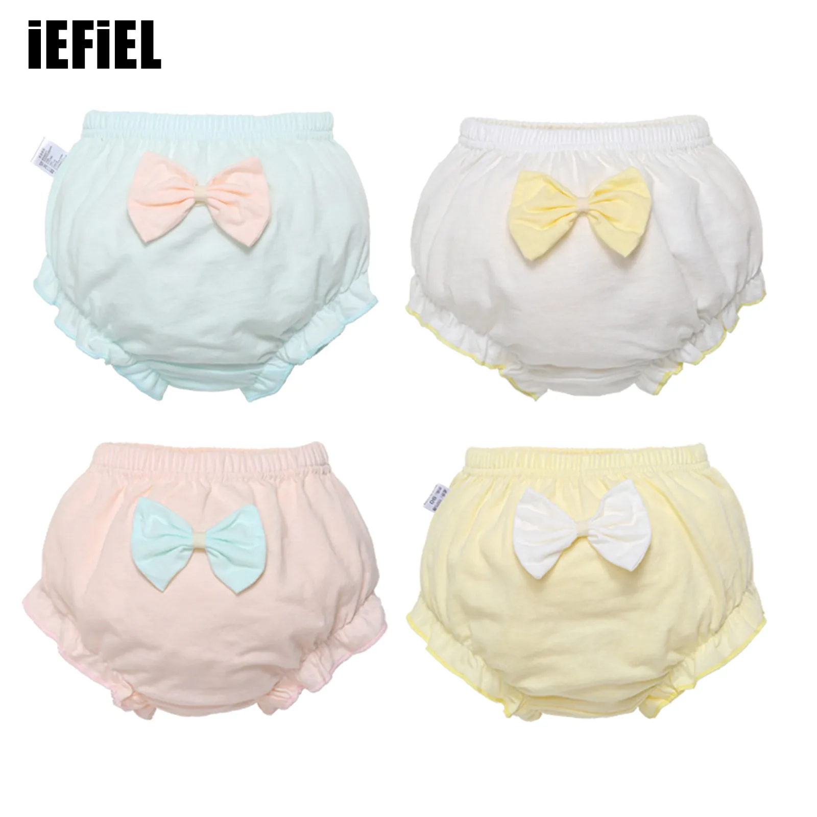 

4Pcs Baby Girls Cotton Briefs Summer New Style Casual Clothing Elastic Waistband Ruffle Edge Bow Decorated Waist Solid Color