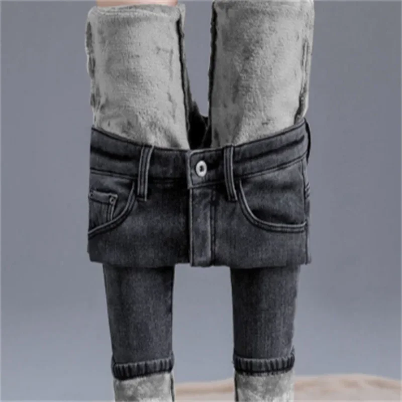 Spring Autumn and Winter Skinny Warm Jeans Women Velvet Ankle Length Casual Thick Pencil Pants Basic Fleece Denim Trousers