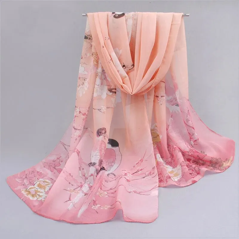 Spring Summer Printed Chiffon Silk Shawls Magpie Scarf Compact Lightweight Scarf Travel Sun Protection Scarf Wraps For Women