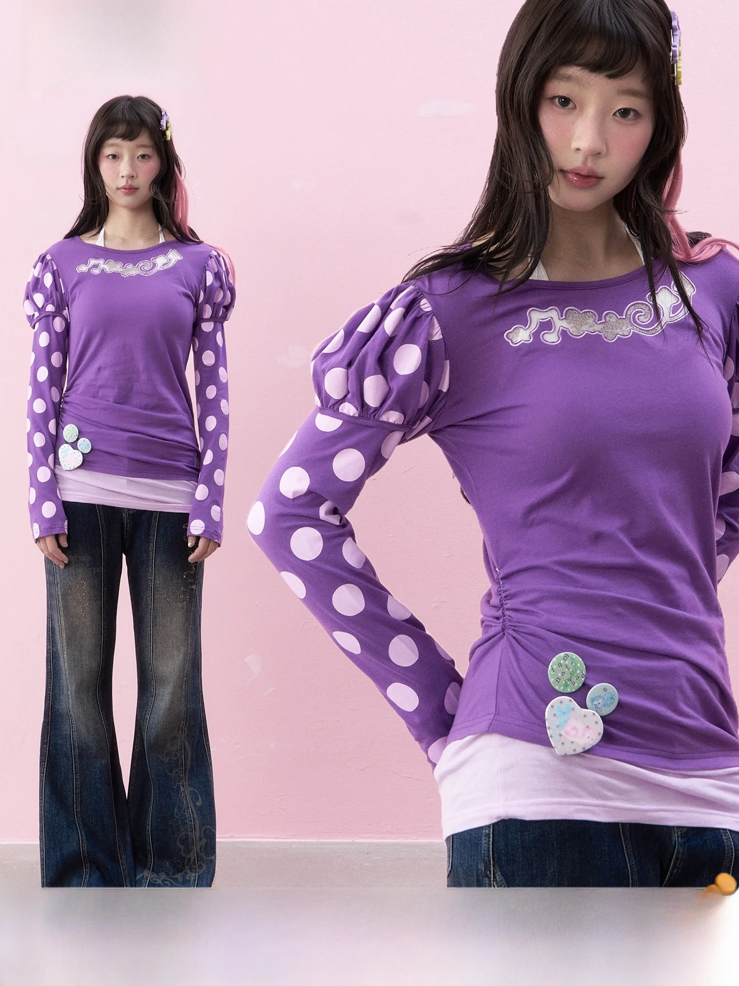 

Фиолетовая женская футболка с длинным рукавом, имитация двухслойности, с кружевной вышивкой в горошек, из хлопковой марли, в винтажном стиле, повседневная одежда