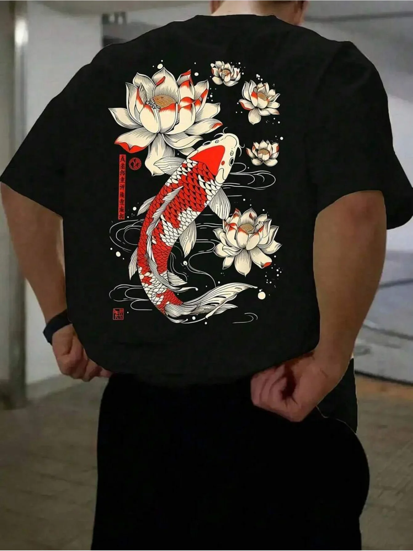 Japanese Koi Lotus Men's T-shirt Oriental Graphic Oversized Cotton Short Sleeve Tops Summer Streetwear
