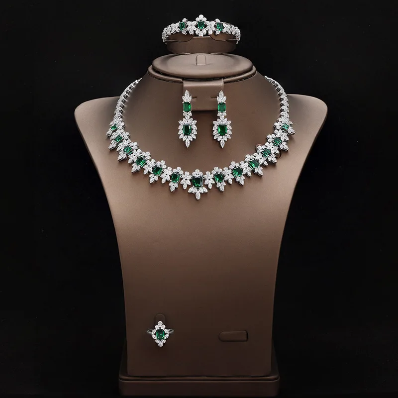 Copper electroplated gold cultivated emerald CZ Glam Statement Bridal Jewelry Set Luxury Chic Wedding Gala