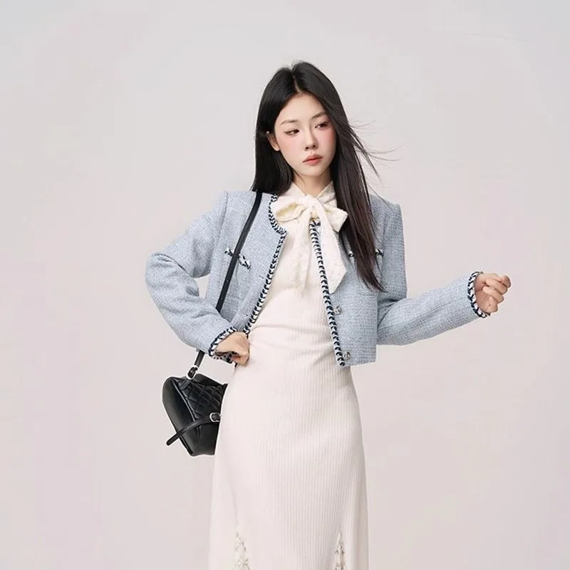 

Light Blue Women's New Fall French Style Short Tweed Round Neck Long-sleeved Top Jacket