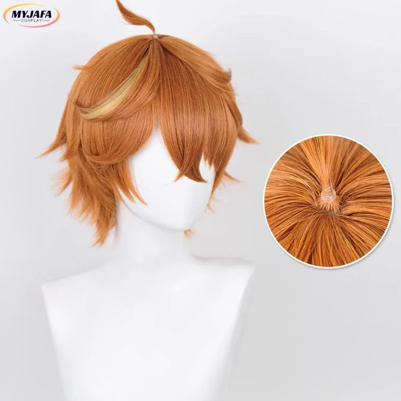 Genshin Impact Tartaglia Cosplay Wig Short Brown Heat Resistant Synthetic Hair Halloween Party Anime Cosplay Wigs + Wig Cap