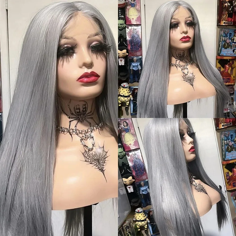 

Silver Grey Long Straight Lace Front Wig 13x4 HD Lace Frontal Wig Synthetic High Quality Heat Resistant Daily Wear Cosplay