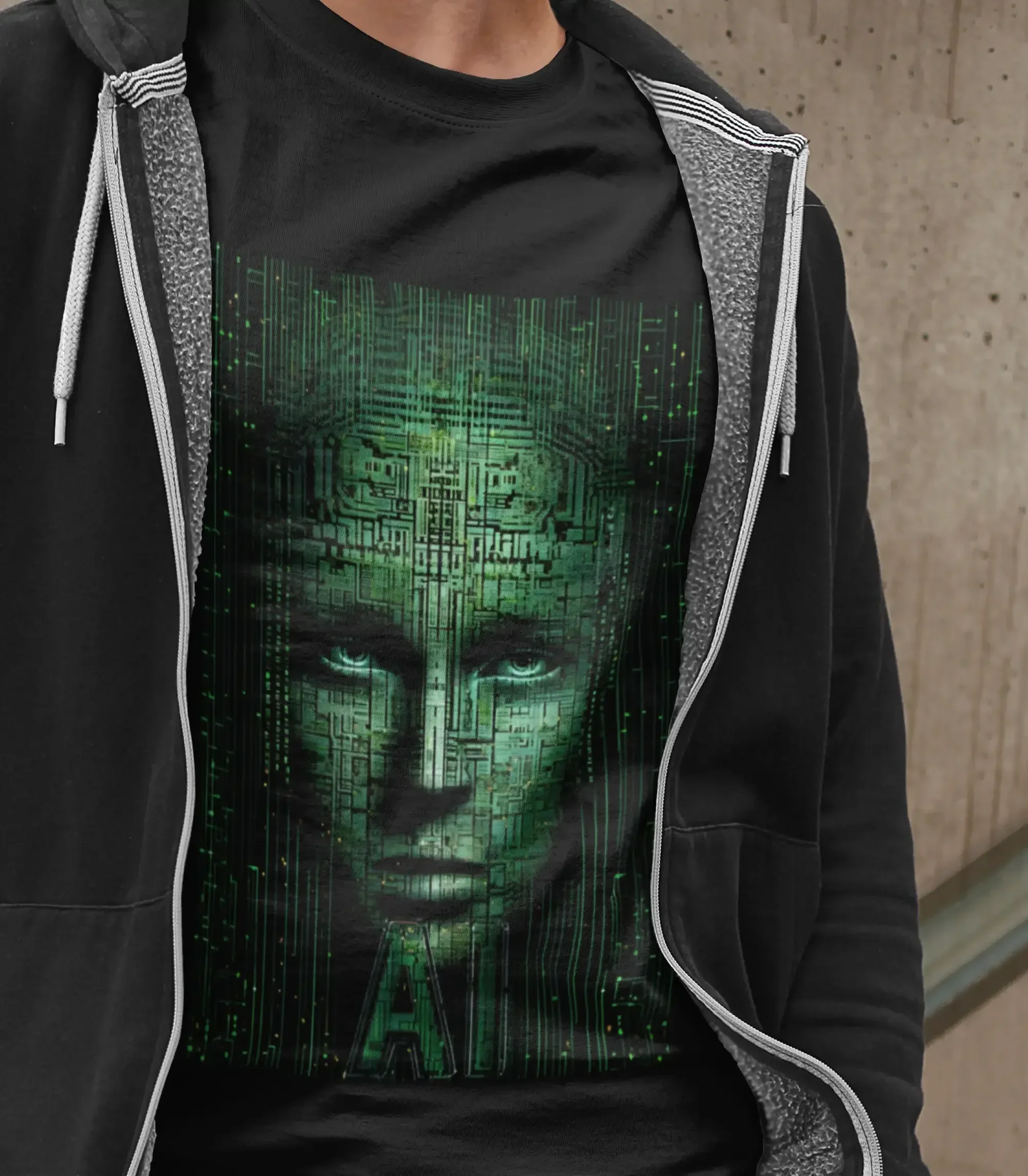 KI-inspiriertes T-Shirt aus schwerer Baumwolle, grünes Gesicht, Matrix-Design, Kunst, Computer-Top, Gaming-Geschenk
