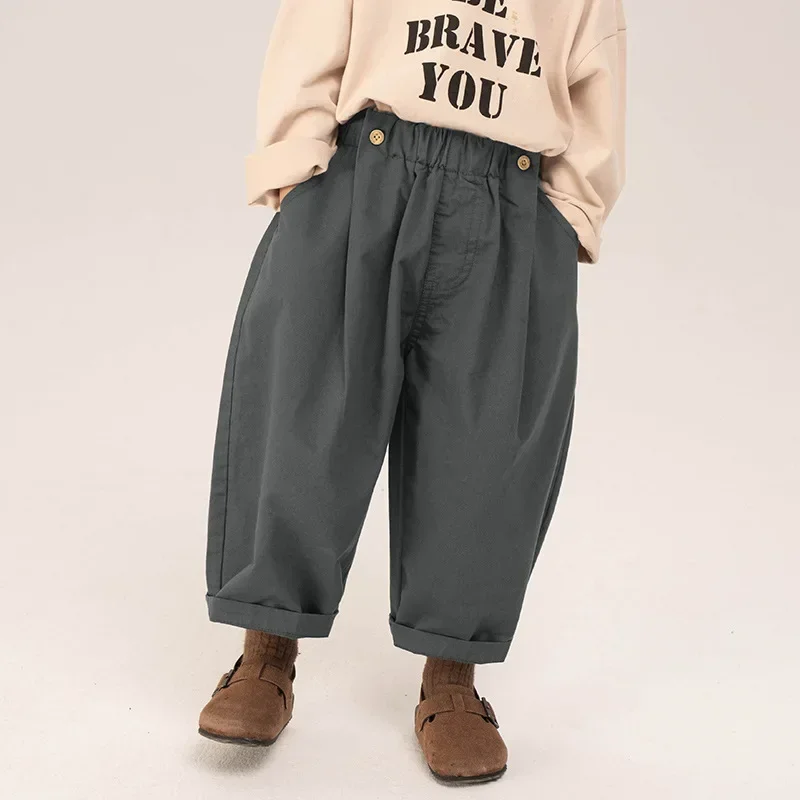 Children Clothing Boys Casual Pants 2024 Spring New Spring and Autumn Loose Korean Style Solid Color Casual Simple Pants