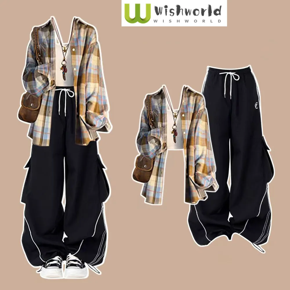 

Spring and Autumn New Korean Edition Shirt White Tank Top+Street Style Black Work Pants 3-Piece Set