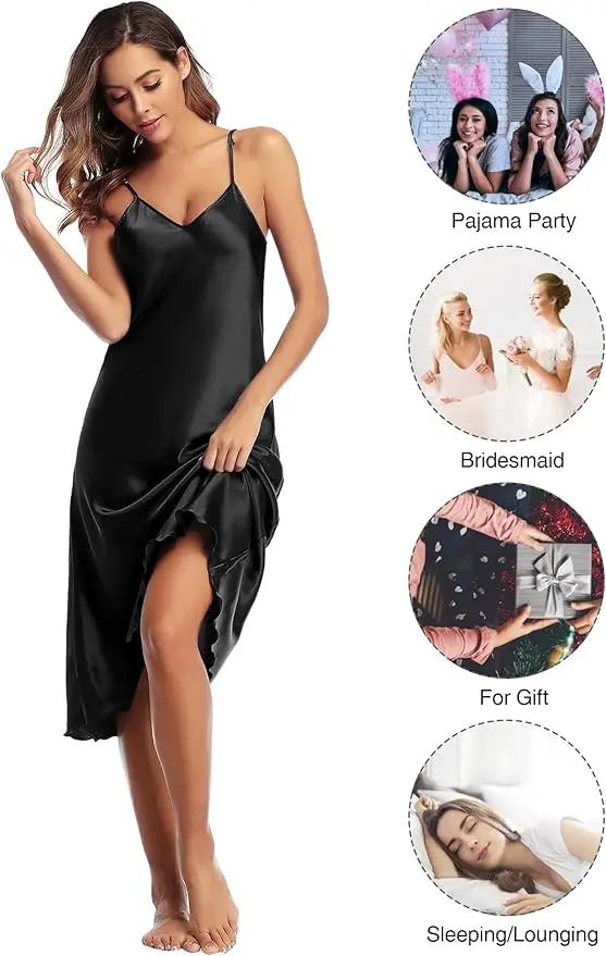 Camisón de Mujer con Tirantes Finos y Cuello en V, Elegante, Lujoso, Cómodo, Transpirable, Ropa de Dormir Relajante, Estilo Clásico para el Día a Día