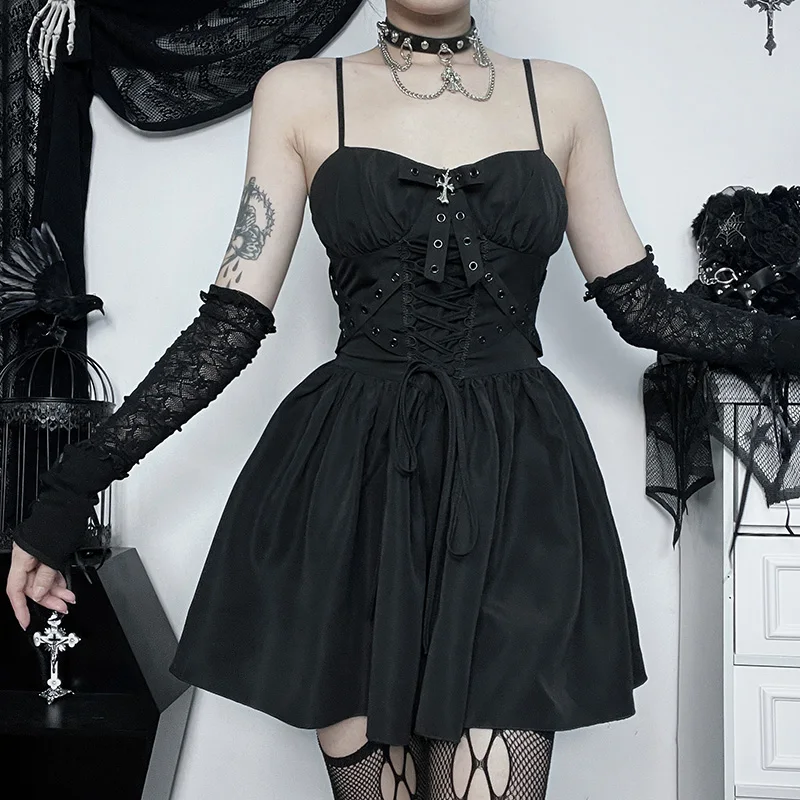 Y2K czarne bandażowe letnie sukienki imprezowe dla kobiet Goth seksowna linia A bez rękawów w kratę Bodycon Mini Vestido krótkie sukienki Streetwear