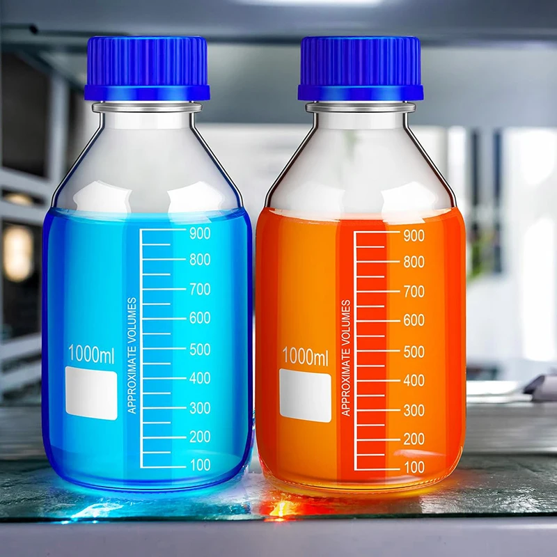 WESTTUNE 1Pcs 25-1000ml Brown/Clear Graduated Round Refillable Bottles Glass Media Storage Bottles with Blue GL45 Screw Caps