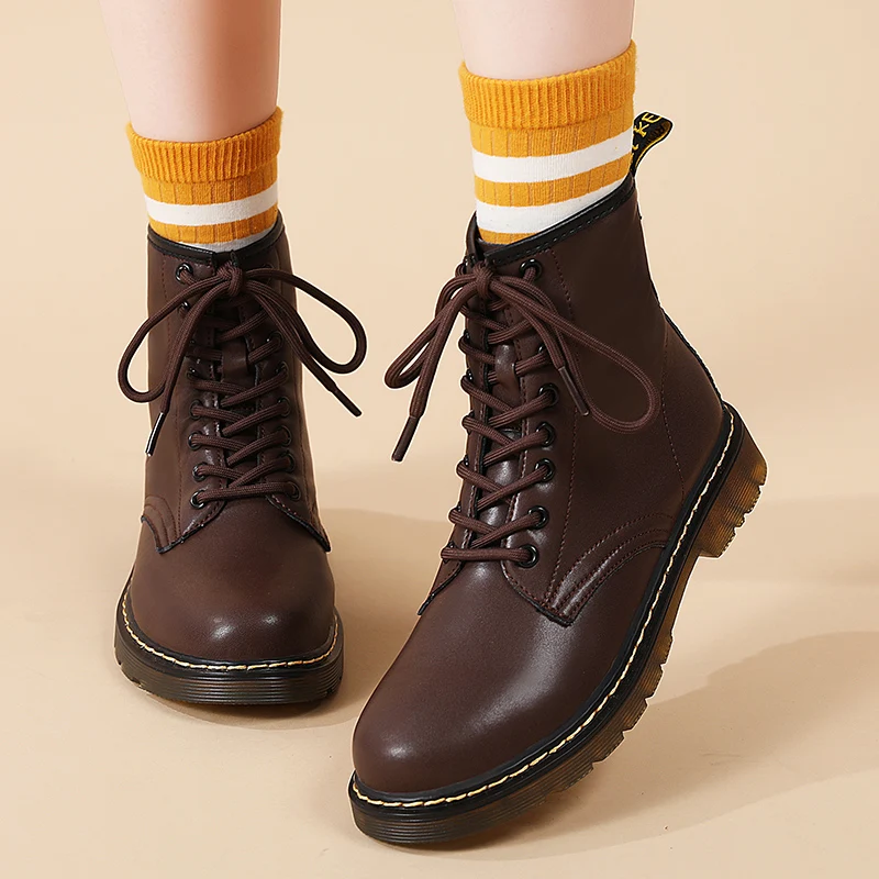 

Women's Short Boots with Leather Upper Large Size High-quality Versatile Retro Style Solid Color Outdoor Flat Flat Lace-up Boots