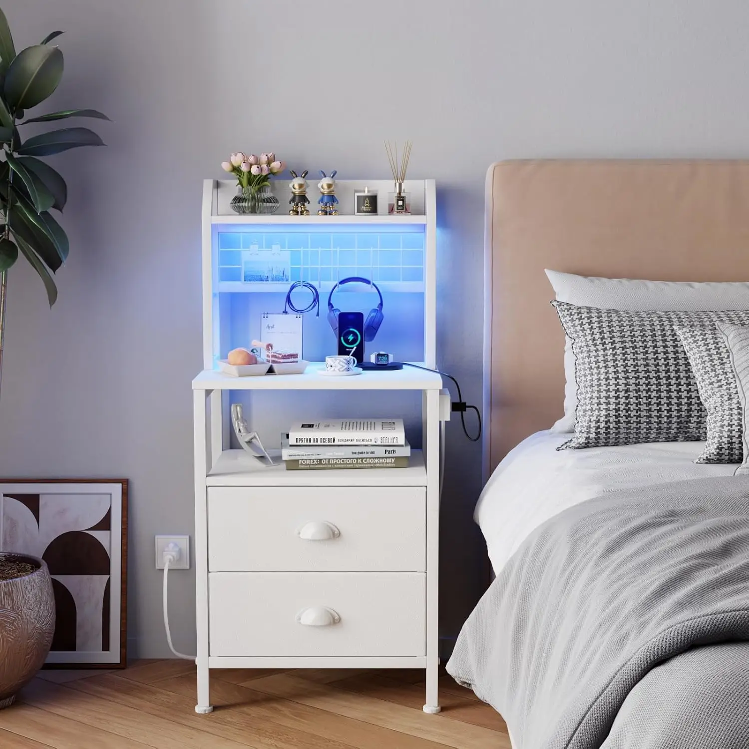 Tall Nightstand with Charging Station & LED Lights, 41'' Bedside Table with 2 Drawers & Pegboard, White Night Stand with Hooks