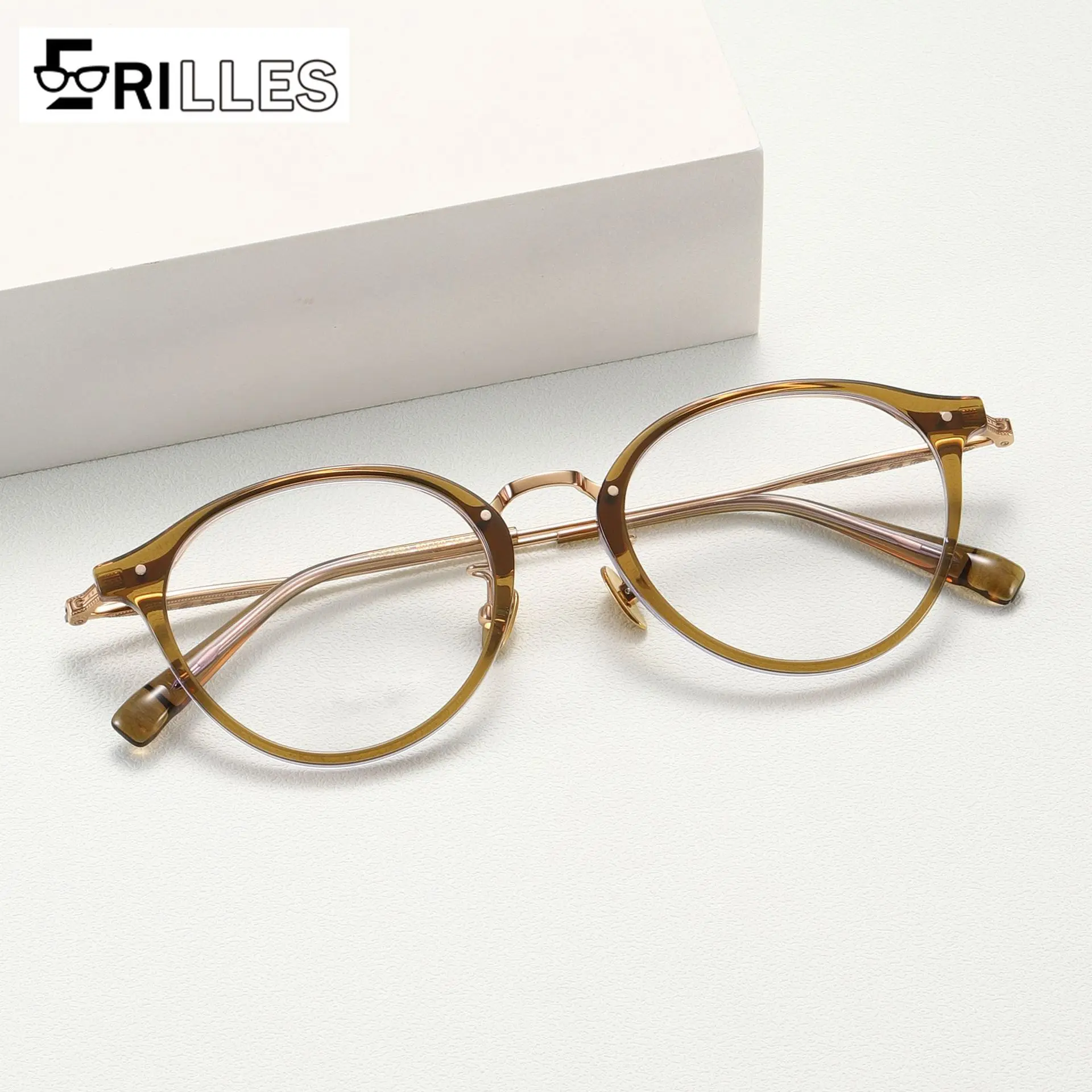 

Dual-Tone Titanium Frame Glasses, Round Geometric Shape Unisex Optical Frames, Lightweight & Comfortable for Work/Study