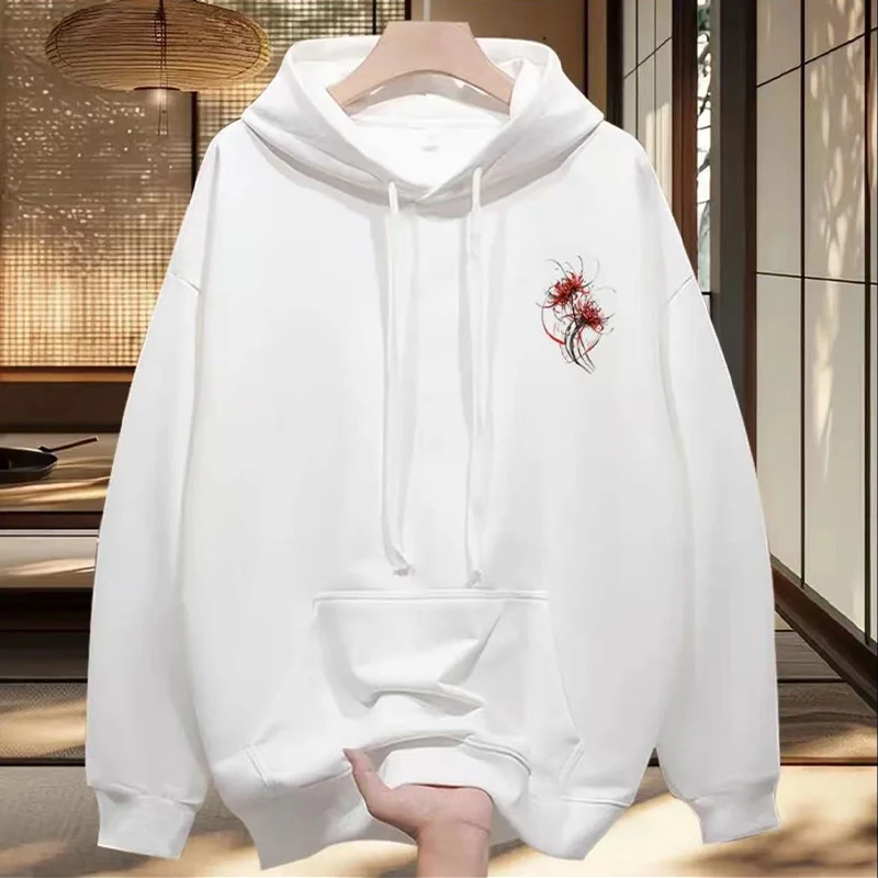 Red spider lily Print White hoodie Men Women Autumn 2025 New Chinese style Long Sleeve Coat Y2K Top Youth Men Warm Sweatshirt