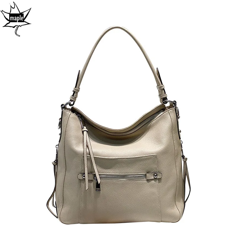 

European Style Beige Bucket Bag Zipper Face Pocket 100% First Layer Cow Leather Women Handbag Large Capacity Shoulder Tote Bag
