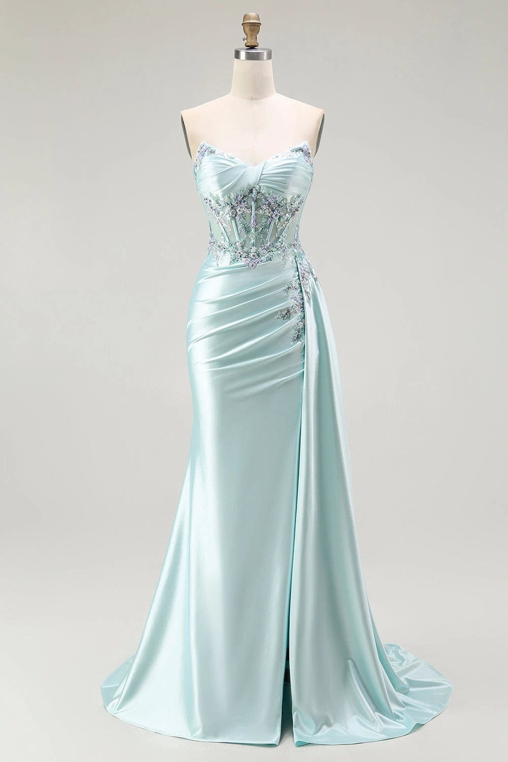 

Blue Off Shoulder Sexy Prom Dresses Sweetheart Beaded Formal Evening Party Gowns Side Shiny Slit Corset Satin Customized