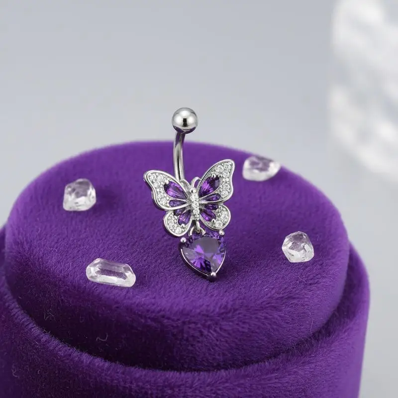 1Pcs Purple Zircon Dangle Belly Button Rings Stainless Steel Heart Butterfly Navel Piercing Long Drop Pendant Belly Ring Jewelry