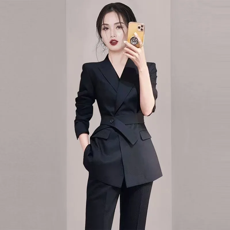 

New High End Korean Fashion Formal Suit Women Summer Autumn Elegant Slim Waist Blazer Top + Pencil Pants Office Lady Suit