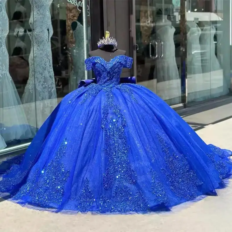 Customized Royal Blue Quinceanera Dresses Sequined Appliques Lace Off The Shoulder Bow Ball Gown Sweet 16 Vestido De 15 Anos