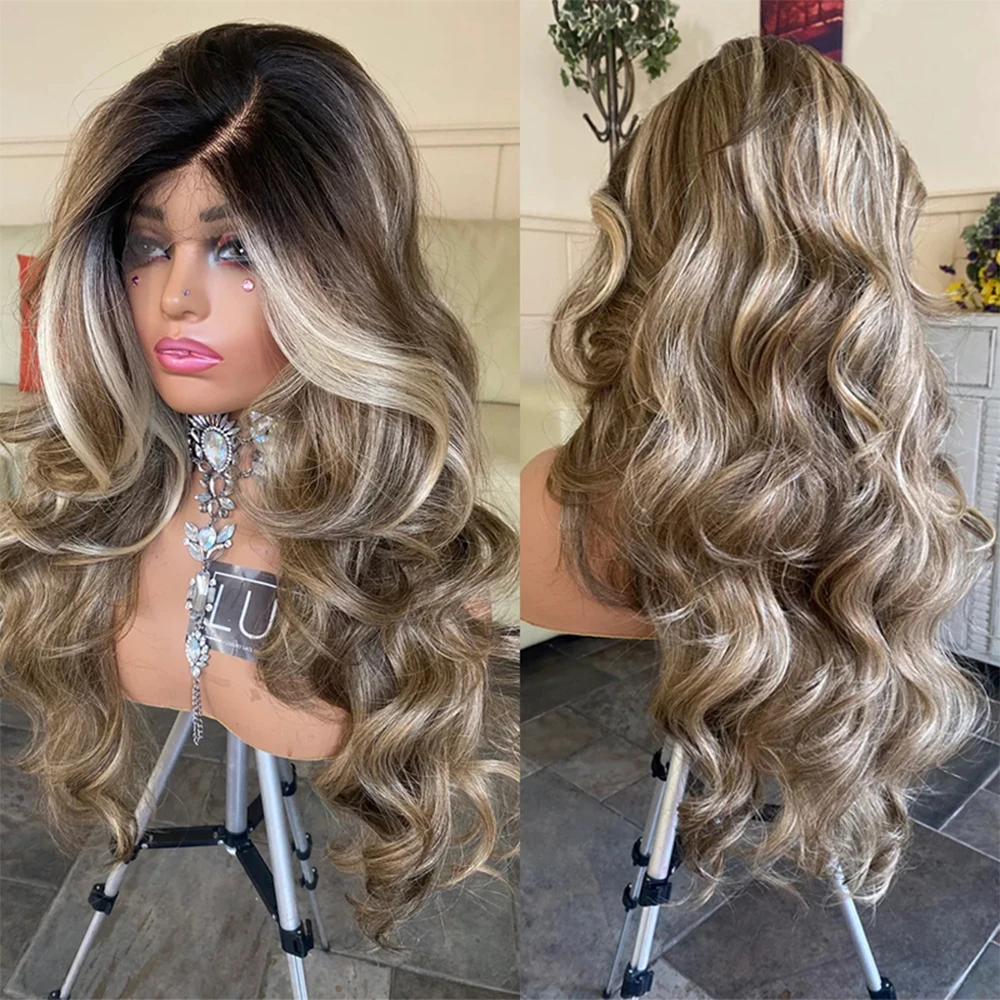 Balayage Human Synthetic Wig Heat Safe 13x4 Lace Front Wig 26 inches Llong Wavy Blonde Wig Melted Dark Roots Natural Hairline