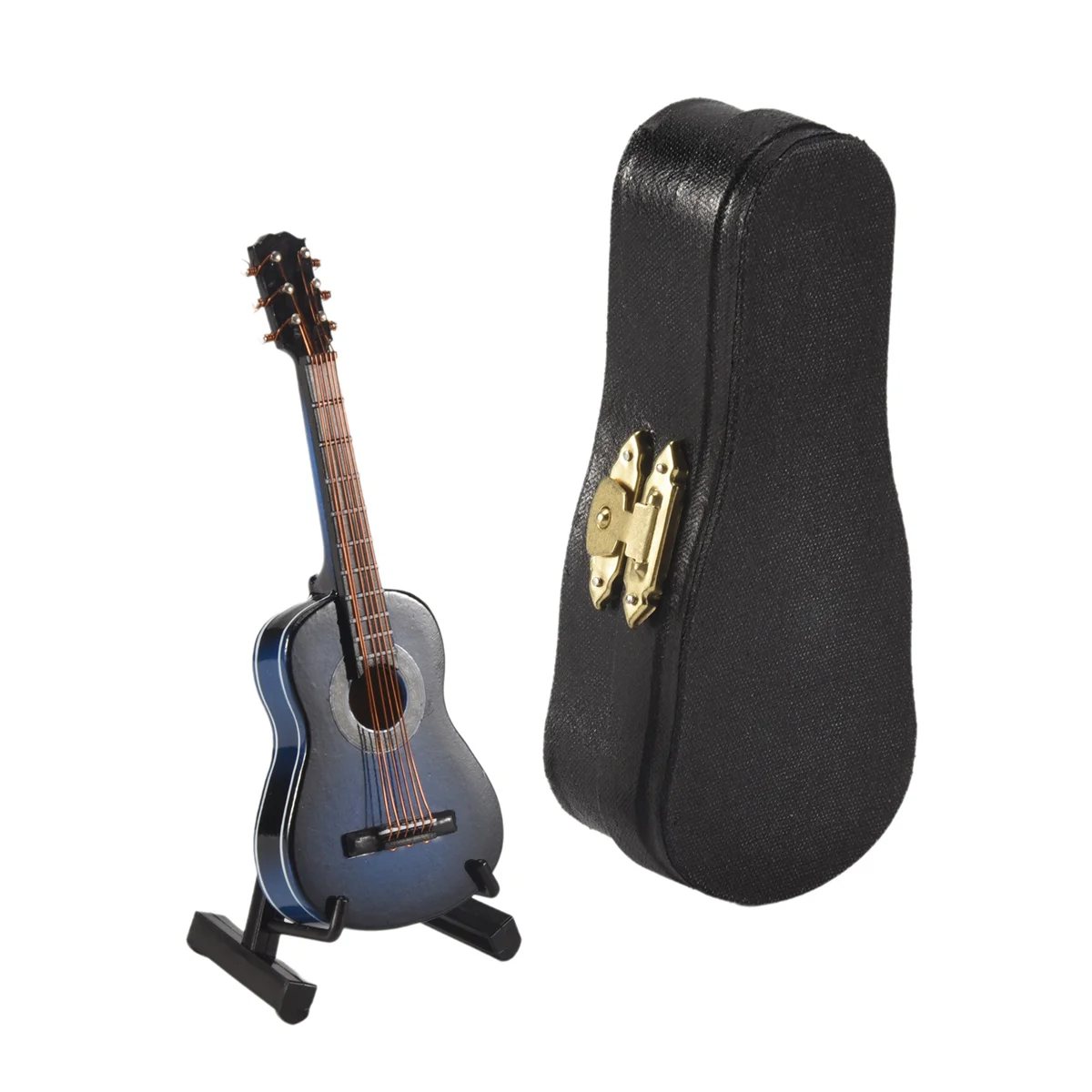 A-Wooden Miniature Guitar with Stand and Case Mini Musical Instrument Miniature Doll House Model Home Decoration