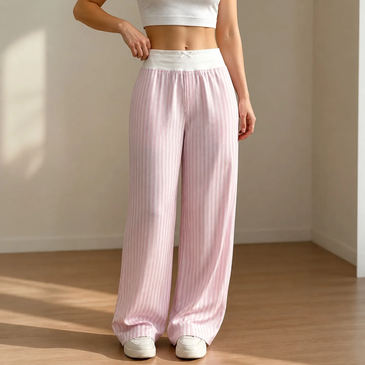 Women's Striped Color Block Long Pants Mid Waist Relaxed Fit Woven Casual Trousers with Side Pockets and Wide Leg Silhouette
