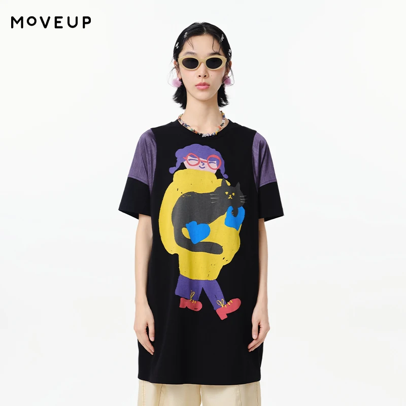 

MOVEUP Short Sleeves Round Neck T-Shirt 2026 Summer New Fun Contrasting Cartoon Print Patchwork Casual Top For Women 325210403