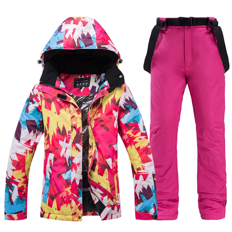Ropa de Snowboard de Invierno para mujer, traje de esquí con capucha, equipo de esquí grueso y cálido, chaqueta de esquí y pantalones impermeables
