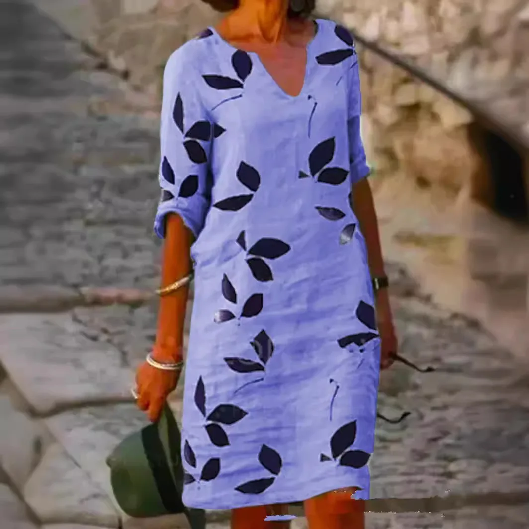 Ele Cotone Lino Stampa ampia sopra la testa Vintage Midi Dr Gonna a trapezio lavorata a maglia da donna Or Sve Abbigliamento autunnale