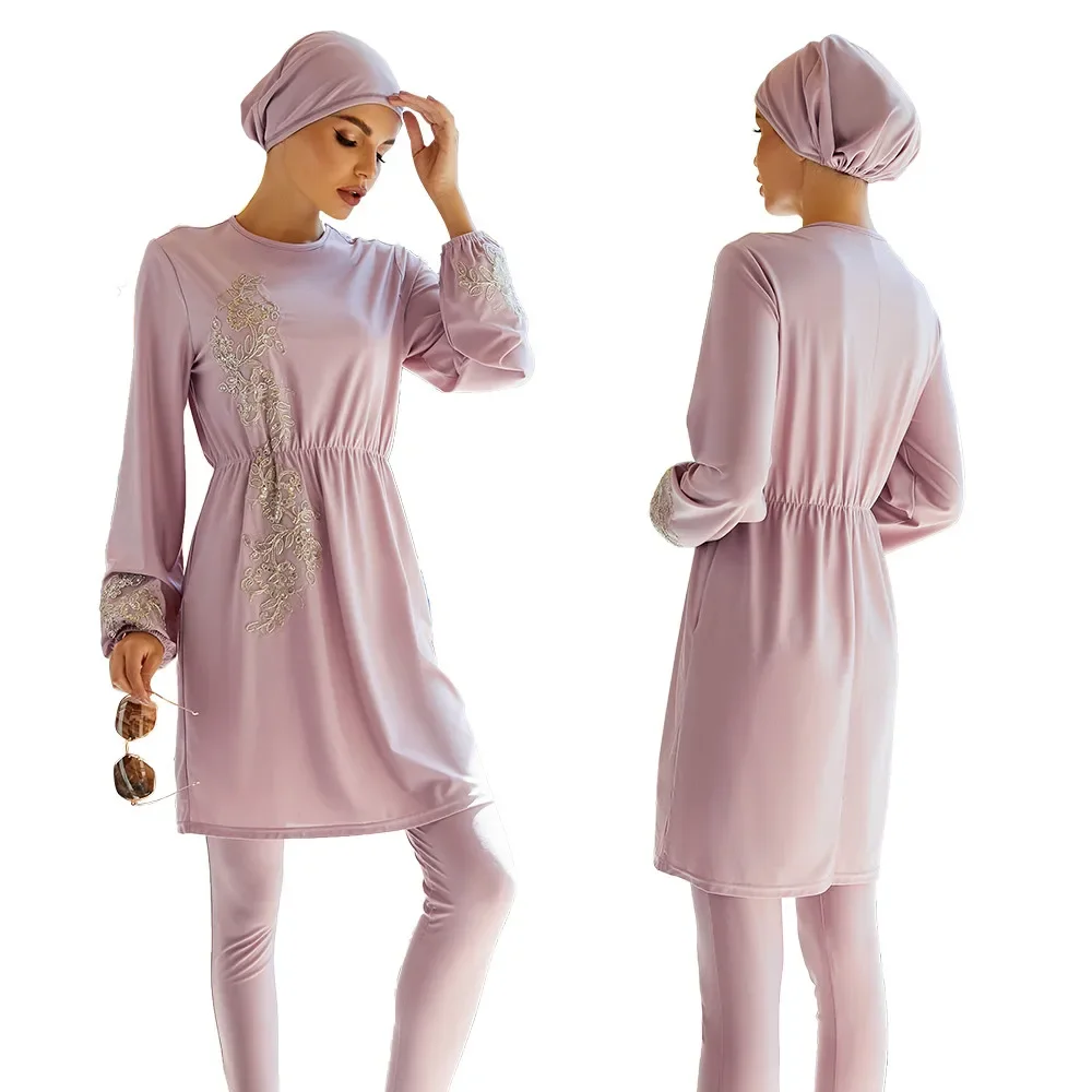 3 Piece Arab Burkini Modest Women Muslim Hijabs Swimsuit Long Sleeve Tops Pants Hat Swimwear Set Islam Beachwear Suit Full Cover
