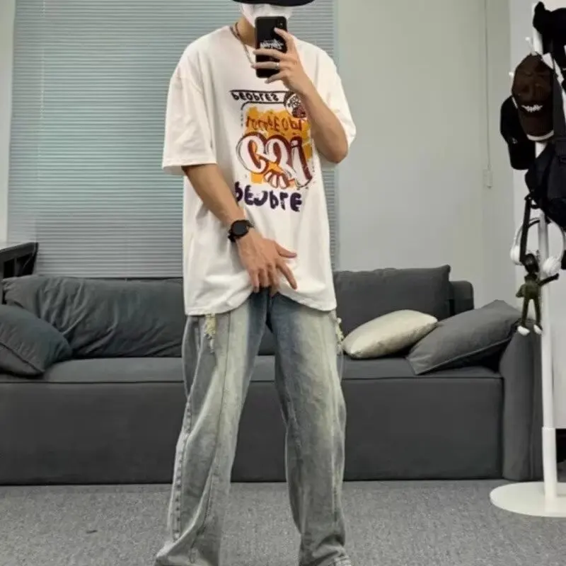 الصيف حجم كبير الأمريكية الرجعية شارع العليا Waed عادية فضفاض الرجال الجينز ثقب اللكم مستقيم الساق فضفاضة تناسب الجينز