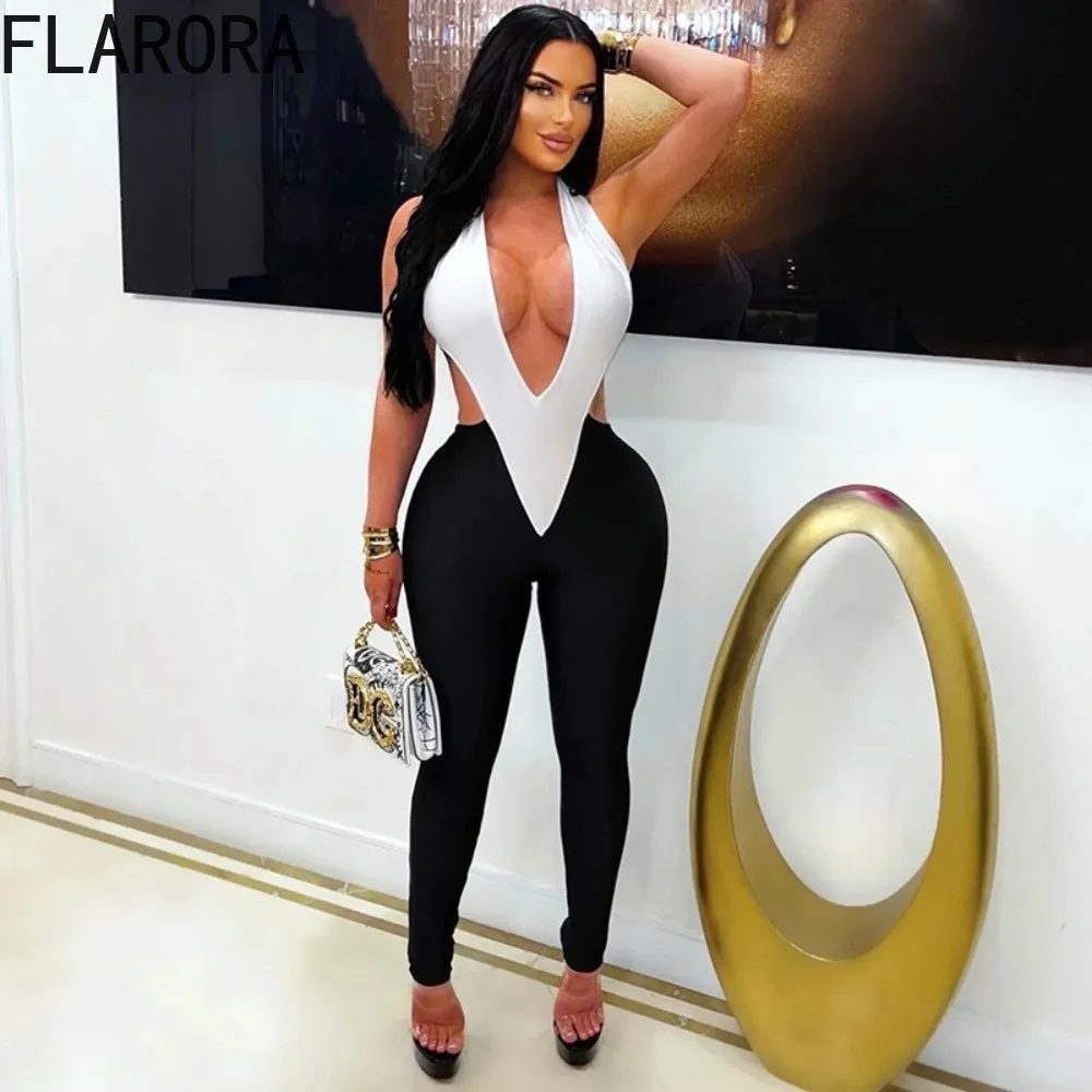 

FLARORA Sexy Halter Hollow Out Jumpsuits Woman Color Blocking V-Neck Sleeveless Backless Skinny Midnight Party Clubwear Overalls