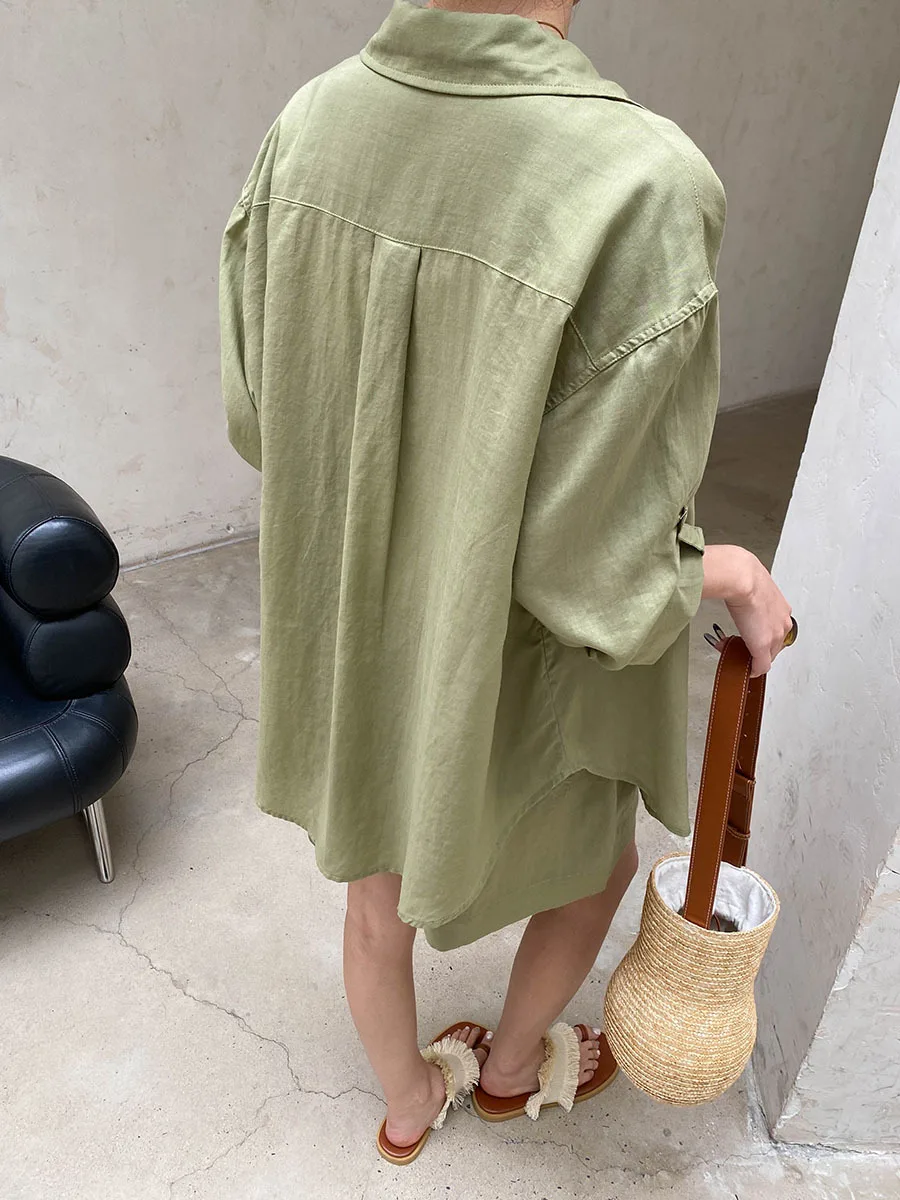 Sommer Damen Casual Einfarbiges Sonnenschutz-Kragen-Langarmshirt mit Kordelzug-Shorts, Lockeres Set – Detail 4