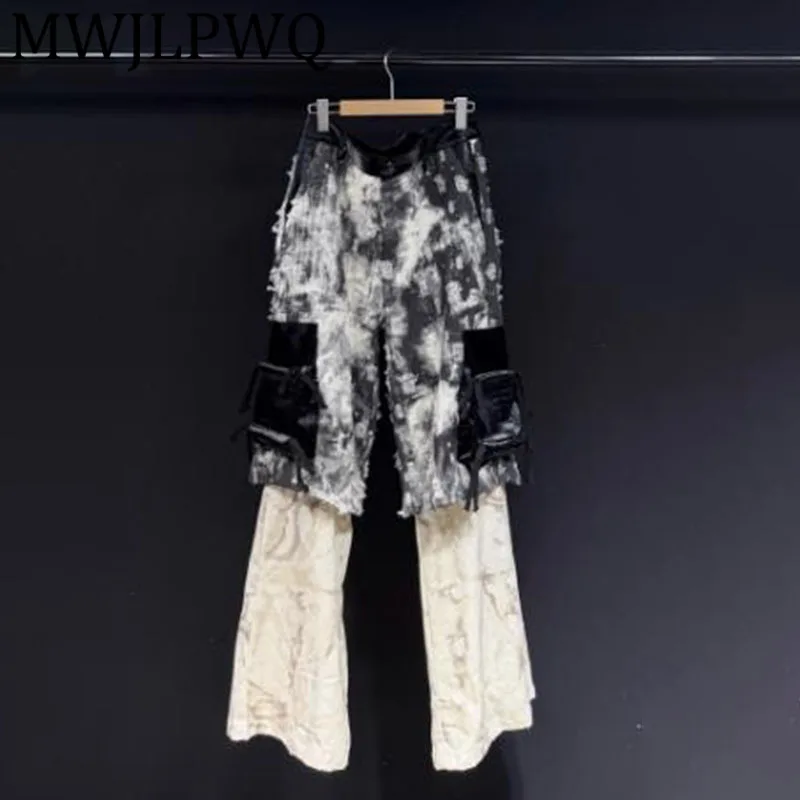 

MWJLPWQ Fake Two-Piece Design Spliced Casual Pants Men's High Street 2025 New Tie-Dye Niched Leather Texture Jeans Autumn 12276