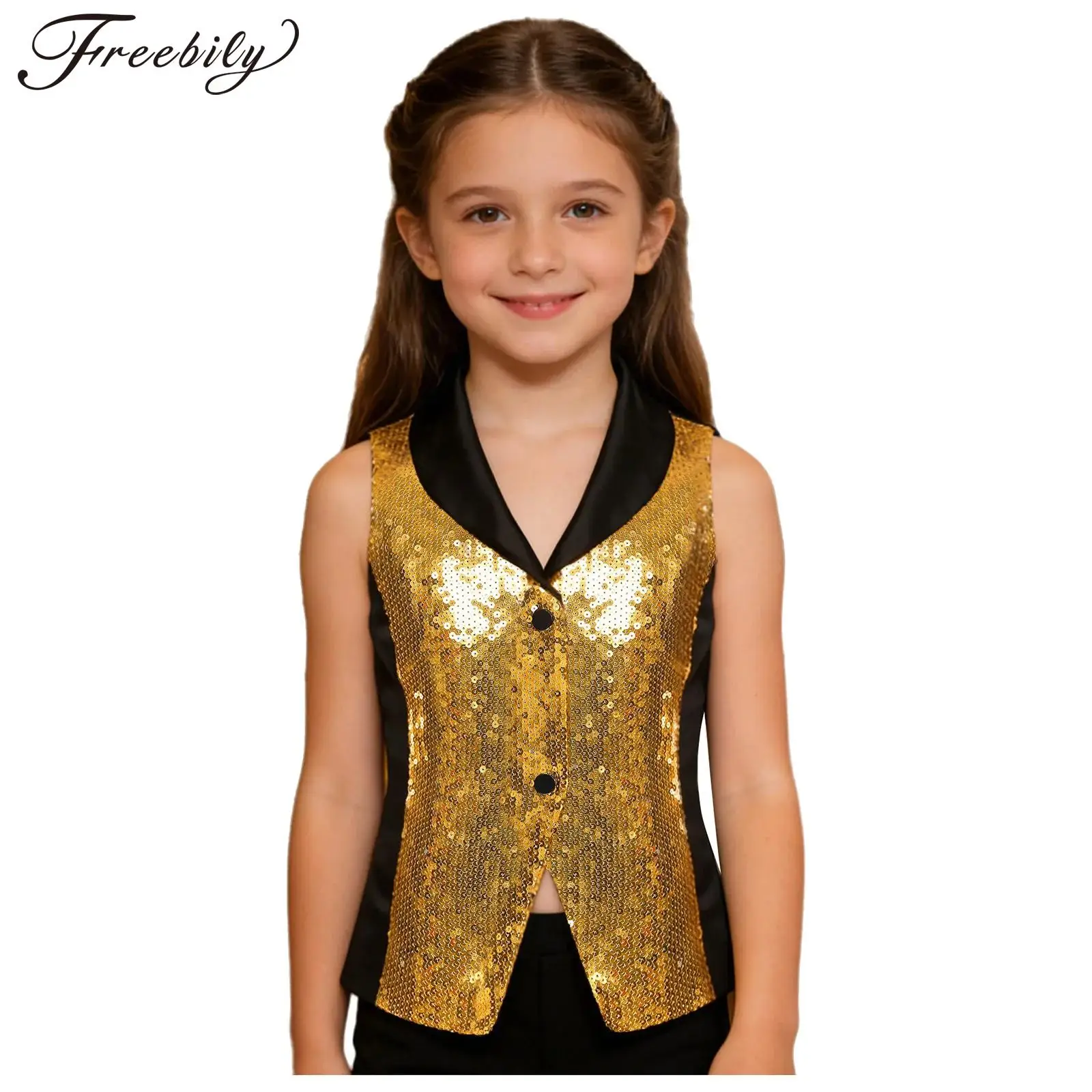 

Kids Girls Disco Outfit Lapel Vests Streetwear Jazz Dance Costume Sequin Vests Waistcoat Rave Carnival Performance Waistcoat