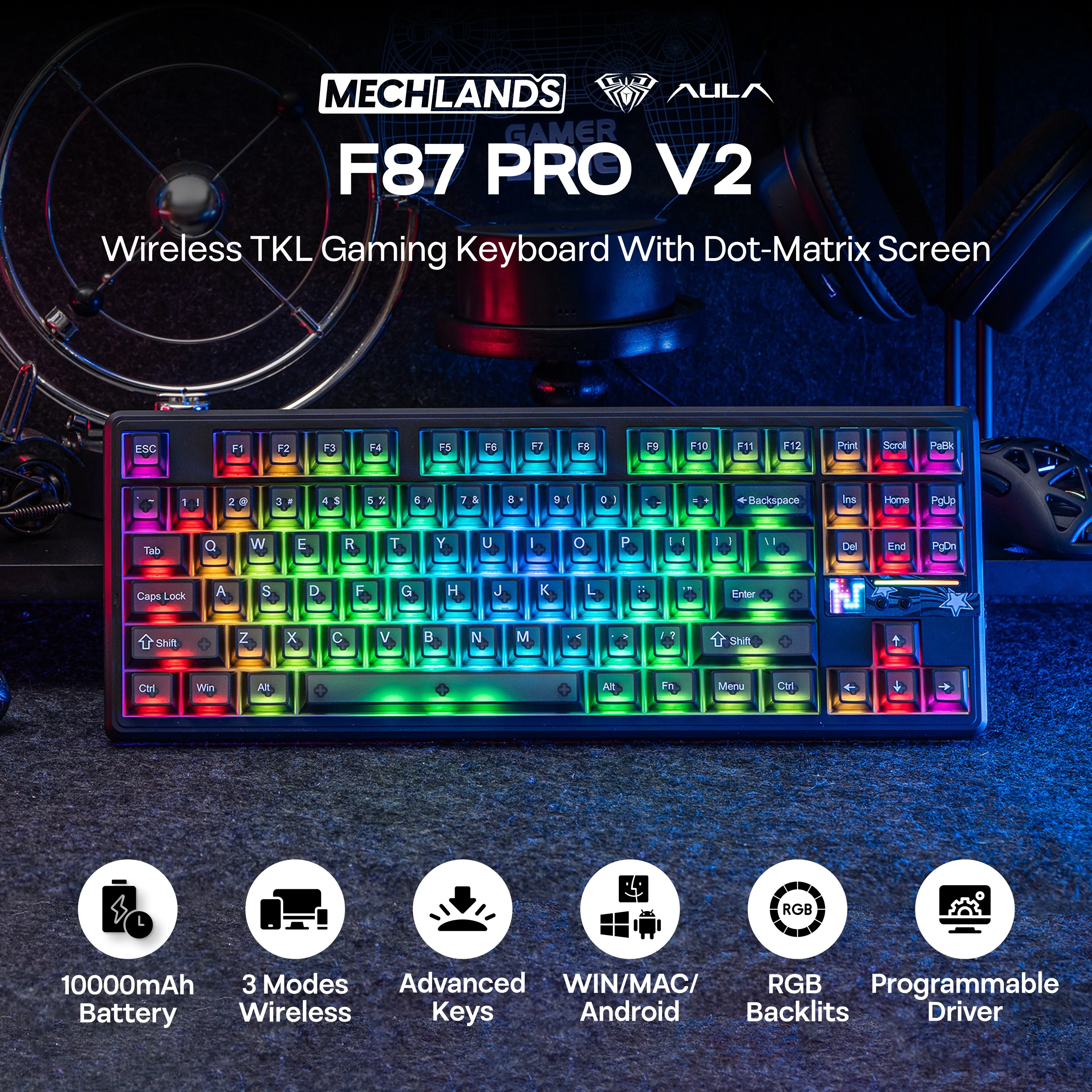 AULA F87 PRO V2 TKL US ANSI Layout Wired/BT/2.4Ghz Wireless Mechanical Gaming Keyboard with 10000mAh & 8K Polling SOCD/MT/TGL