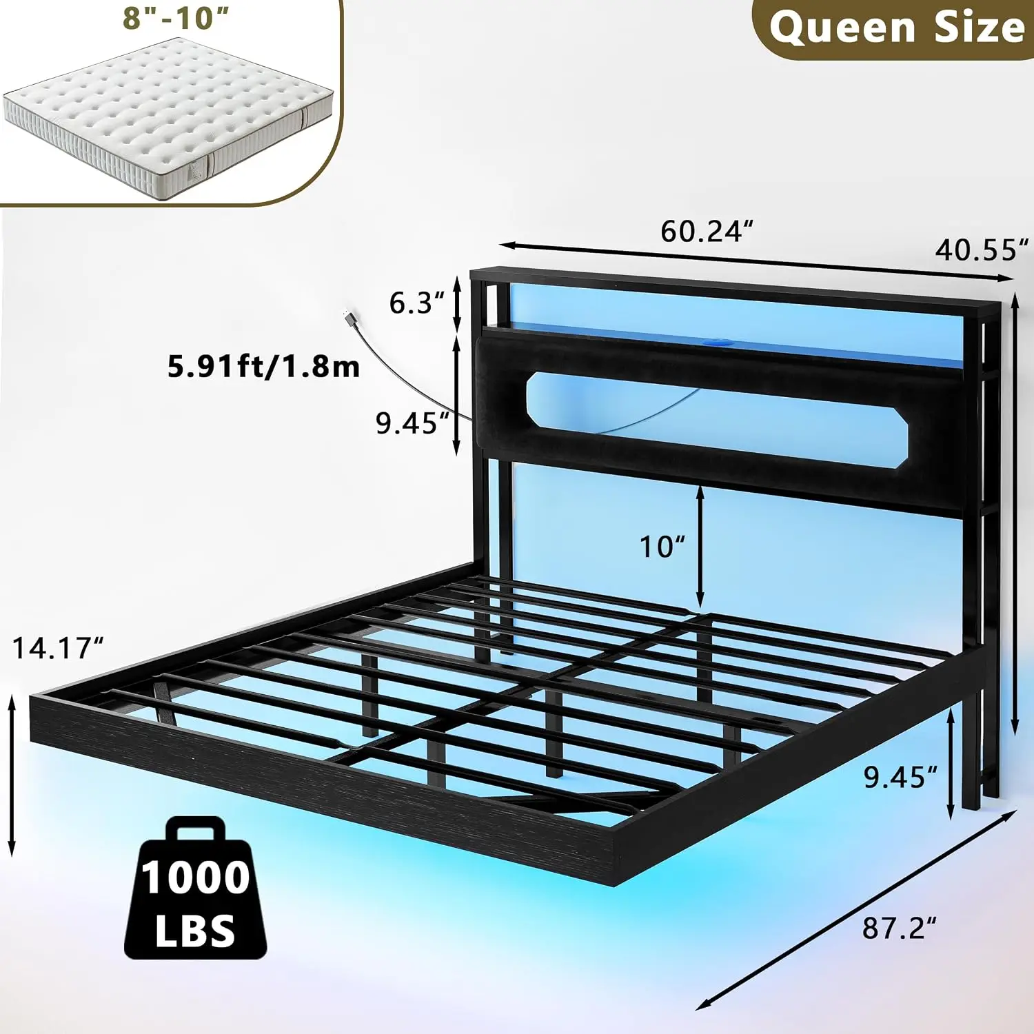 Floating Bed Frame Queen with Charged Storage Headboard & LED Light, Black, Customized