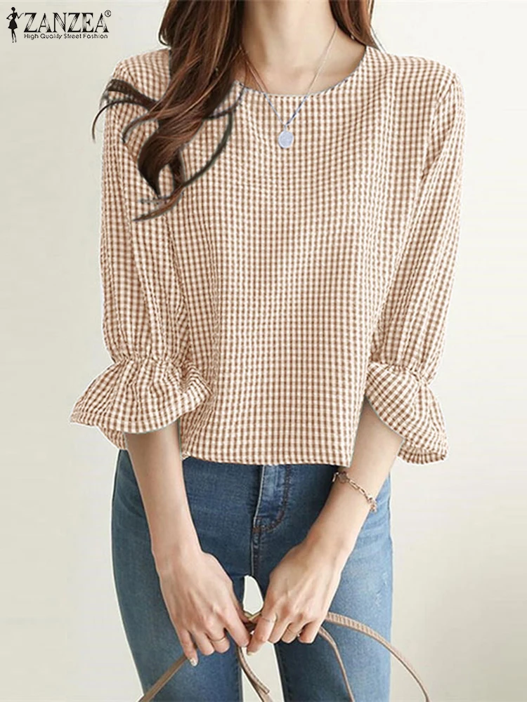 

2025 ZANZEA Summer Checked Blouse Women Fashion Work Shirt Casual O Neck Loose Blusas Mujer Elegant 3/4 Sleeve Tunic Tops Korean