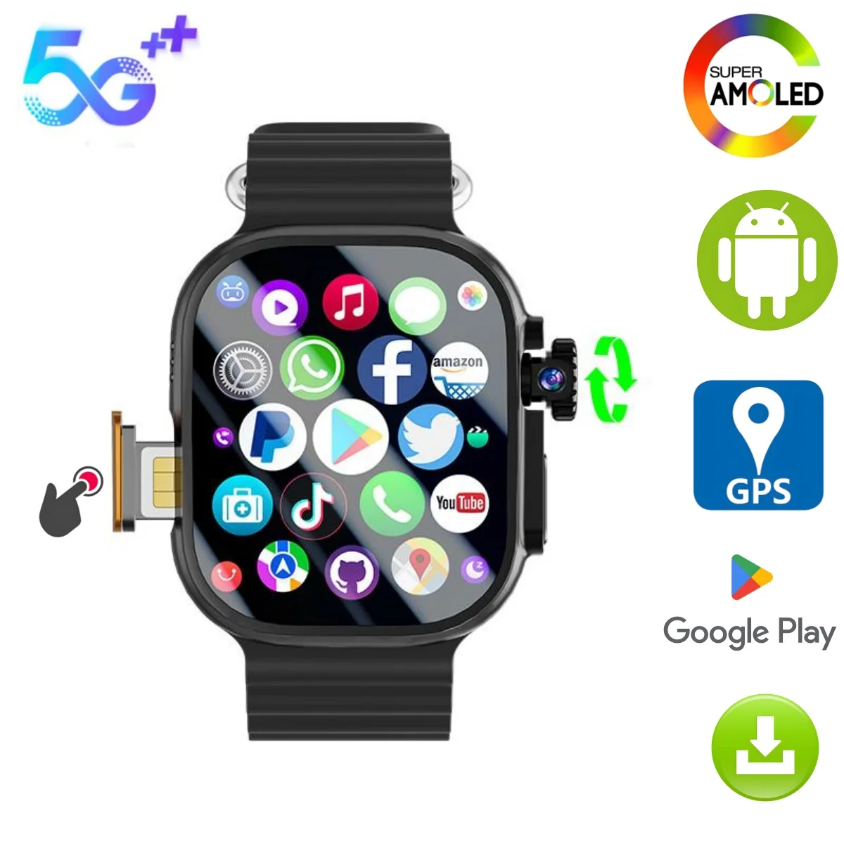 DW100 Smartwatch 4G/5G LTE Android 10.0 180° Rotary camera 256GB ROM WiFi GPS SIM card 2.29 Inch Amoled Play Store Smart Watch