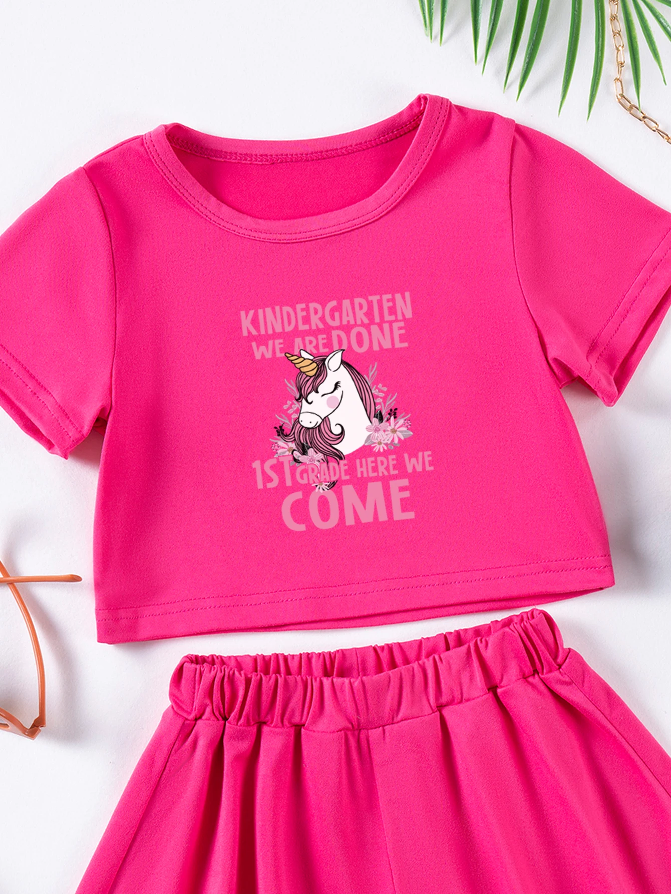 Toddler 2Pcs Sets Summer Girls Cartoon Print Fashion Suit Short Sleeve Short Skirt Baby Two Piece Solid Color Cute Sweet Suit