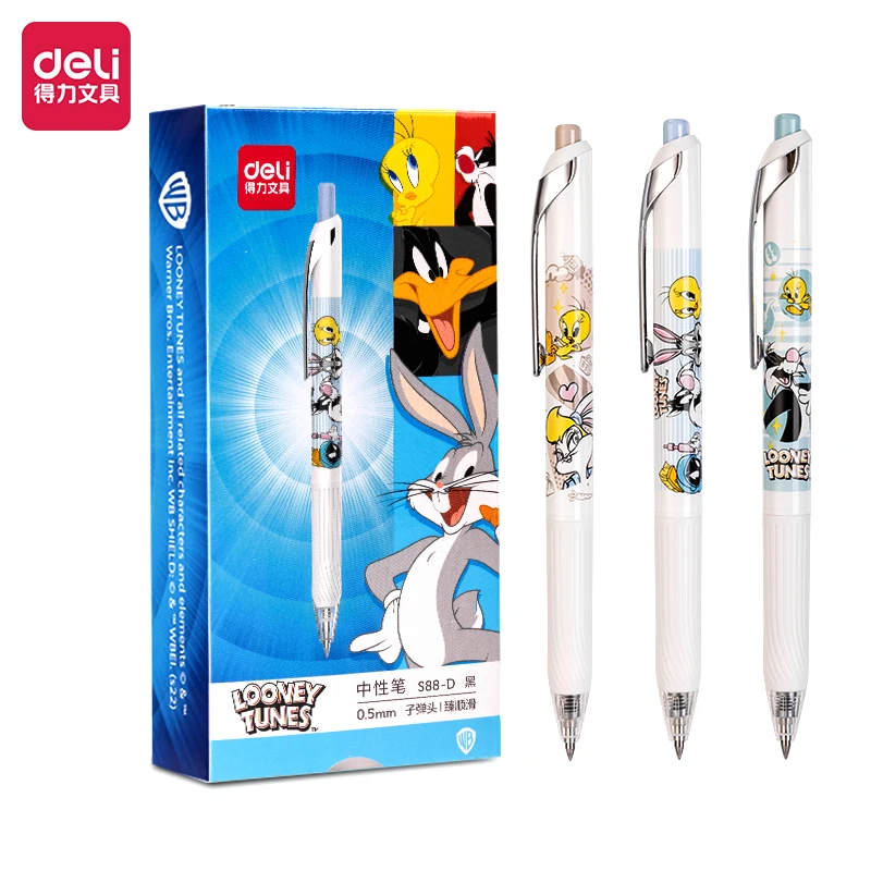 3Pcs Deli S88-D Looney Tunes Bugs Bunny Press penne Gel retrattili 0.5mm penne nere a punta Fine per Journaling Kawaii