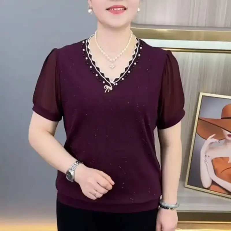 Women's Fashion V-Neck Beaded Rhinestone Blouse Summer New Short Sleeve Chic Mother Slim Top
