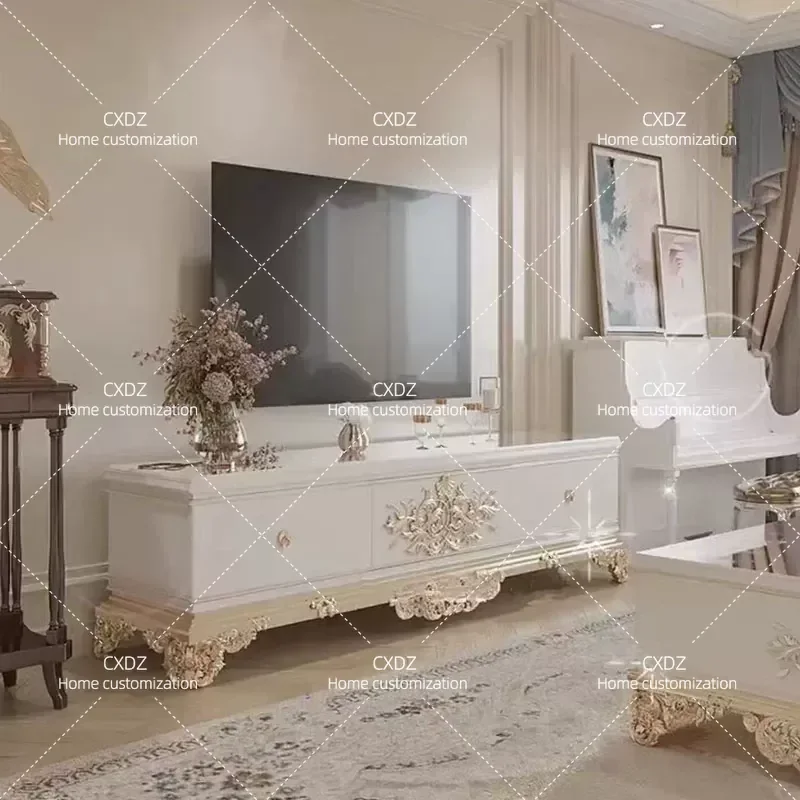 Luxury Palace Style Solid Wood Carved Flower TV Cabinet and Coffee Table Set for Living Room Apartment High End Villa