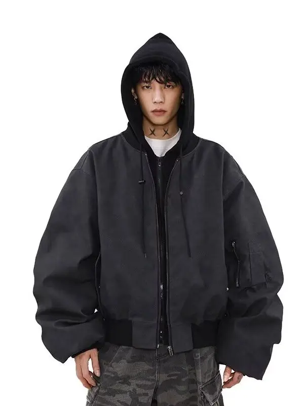 

American Retro Fake Two-Piece Jaet Spring Autumn Men's Lazy High-End adient Dyeing Loose Hooded Leather Jaet