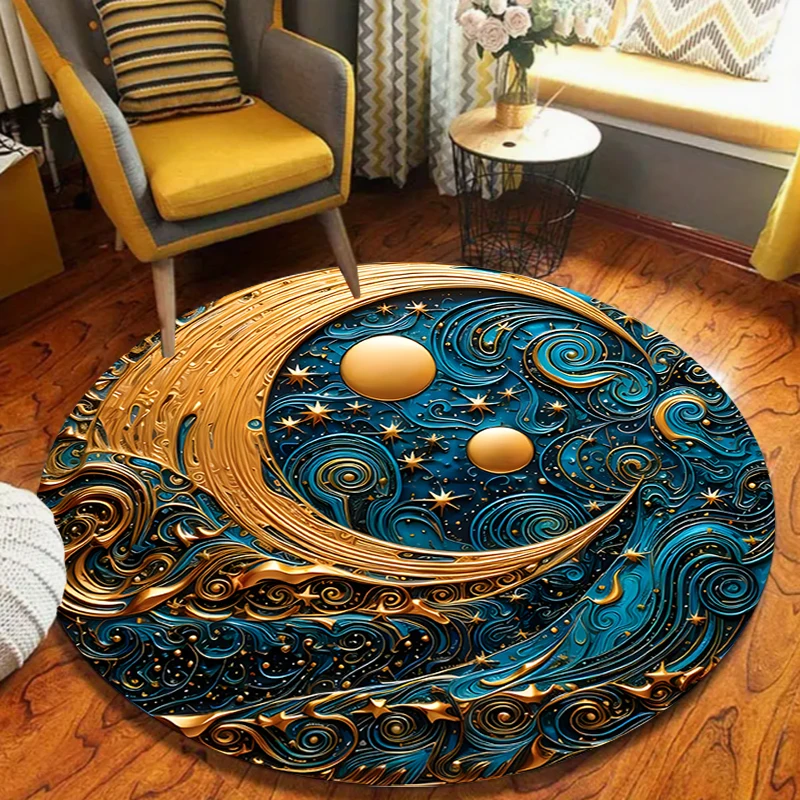 European Style Extremely Intricate Printed Circular Carpet Plant Moon Decorative Floor Protection Mat Living Room Anti Slip Rug