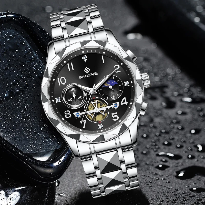 

LIGE Luxury Business Men Watch Simple Dial Fashion Casual Sports Steel Band Diamond Moon Phase Waterproof Quartz Watches for Man