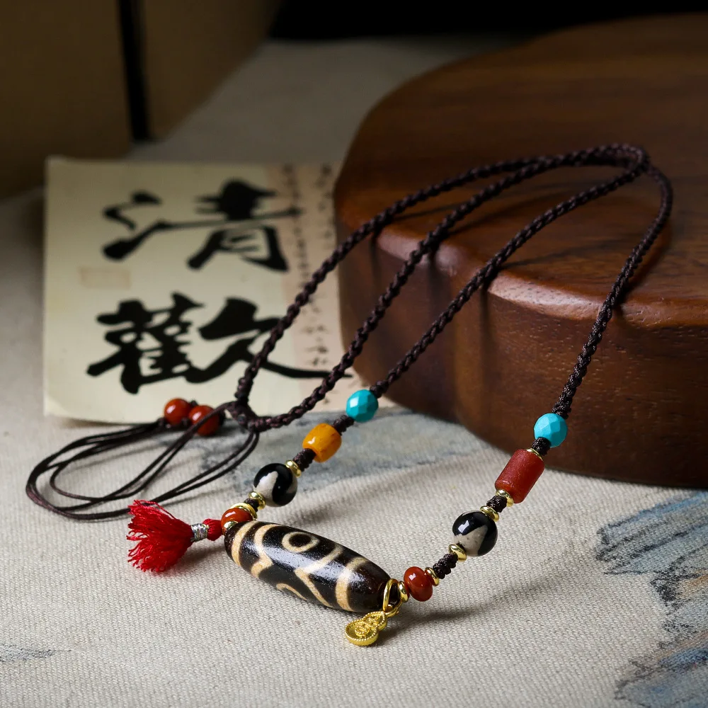 Handmade Weaving Tibetan Jewellery Three Eyes Dzi Necklace Cultivation Tiger Teeth Dzi National Style Sweater Chain Jewellery