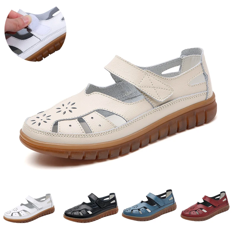 Summer Women Breathable Leather Sandals Ladies Comfortable Flats Walking Slippers Covered Toe Beach Shoes Female Casual Shoes